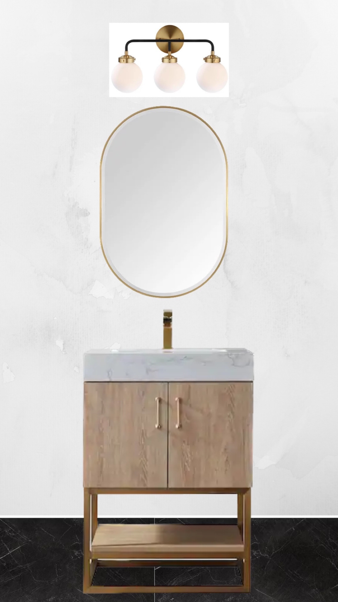 Bathroom reno

Alistair 24 in. W x 22 in. D x 33.9 in. H Bath Vanity in Oak with White Stone Vanity Top with Basin

Can’t link but mirror is from Floor and Decor - Zuri

Black and gold vanity lighting with frosted globes is from Perigold - Jonathan Y Caleb 3 - Light Armed Sconce on major sale! Found at Home Depot for cheaper 

#LTKhome #LTKsalealert #LTKstyletip