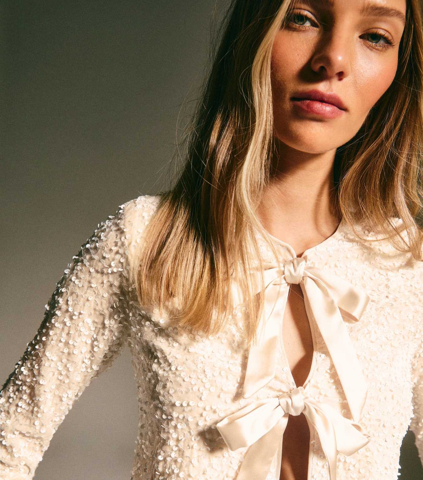 Cream Velvet Sequin Embellished Tie Front Cardigan | New Look | New Look (UK)