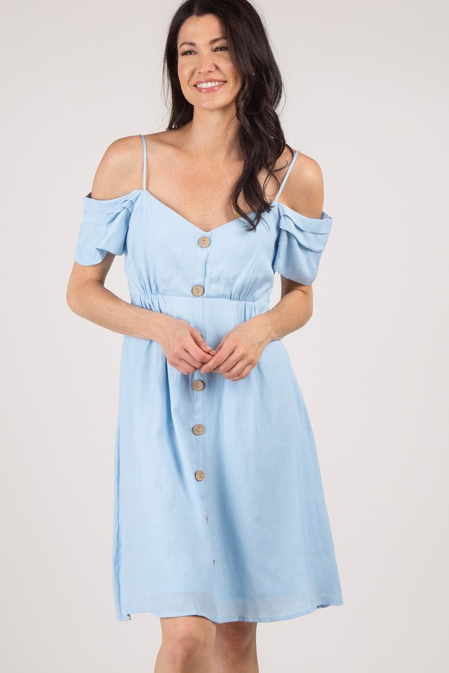 PinkBlush Light Blue Button Accent Open Shoulder Maternity Dress | PinkBlush Maternity