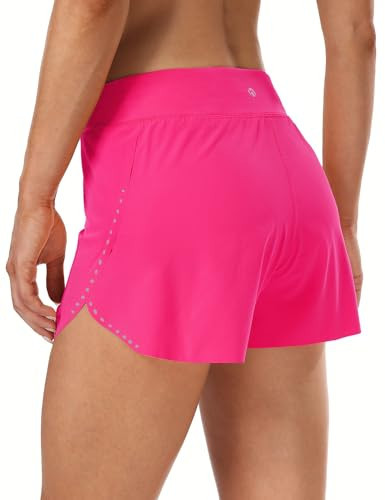 HeyNuts My Pace Running Shorts for Women, Mid Waisted Reflective Athletic Shorts Lined Workout Shorts 3" Dazzling Pink XXS(00) | Amazon (US)