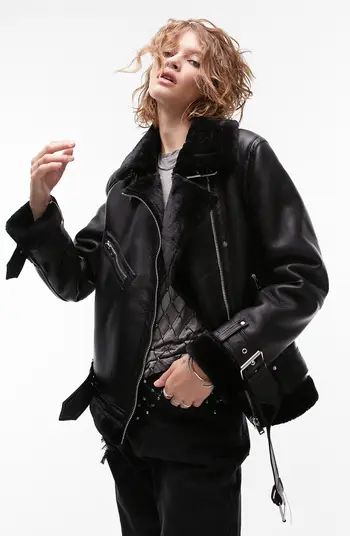 Topshop Faux Leather Aviator Jacket with Faux Shearling Trim | Nordstromrack | Nordstrom Rack