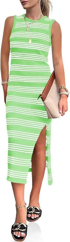 Wenrine Womens Summer Sundress Bodycon Midi Dress Sleeveless Casual Knit Striped Hollow Out Slit ... | Amazon (US)