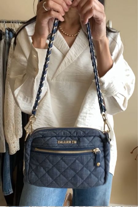 Denim bag. Denim handbag. Spring outfit. This bag is so cute!  Comes with 3 straps. Everyday bag size for essentials. Good for travel too with crossbody strap. 
Blouse is a chic style; size down. 
Wide leg jeans have a flattering fit; size down. 
Code HINTOFGLAM to save on jewelry  
White sneakers 



#LTKstyletip #LTKover40 #LTKitbag