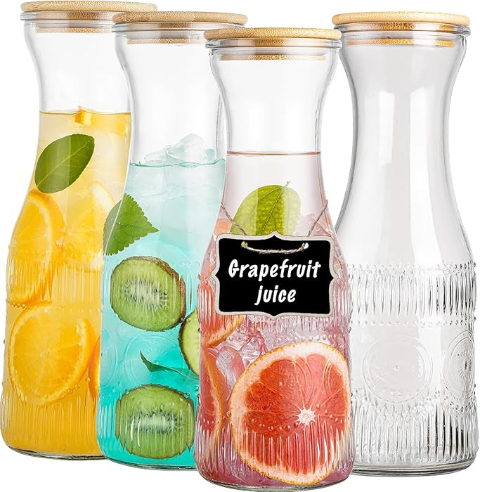 Glass Carafe Pitchers with Lids, Set of 4 1 Liter Embossed Designed Beverage Pitcher Carafe Set f... | Amazon (US)