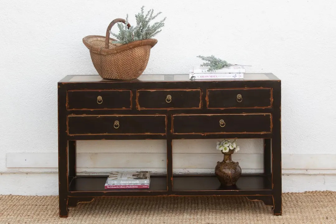 20th Century Black Lacquer Stone Top Console | Etsy (US)