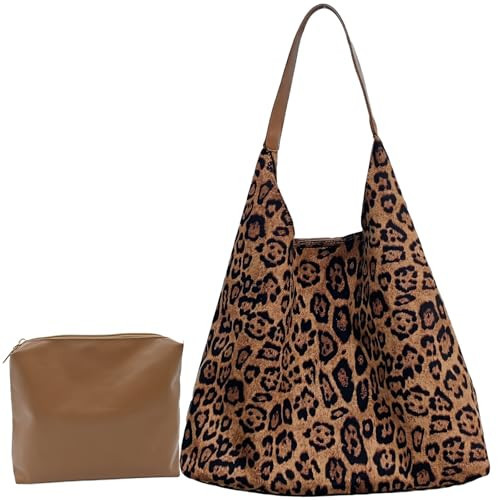 Leopard Hobo Bag for Women Suede Leather Cheetah Print Shoulder Tote Bag Large Vintage Satchel Handbag Work Bag for Everyday Use(Leopard-Brown) | Amazon (US)