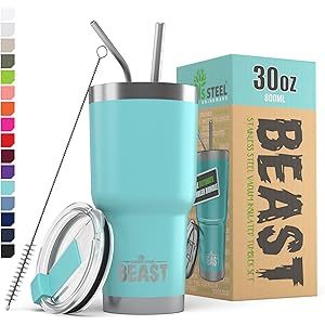 BEAST 30oz Teal Blue Tumbler - Stainless Steel Insulated Coffee Cup with Lid, 2 Straws, Brush & G... | Amazon (US)