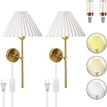 aokinround Plug in Dimmable Wall Sconces Set of Two, White Fabric Shade Wall Lamp with 6ft Hardwi... | Amazon (US)