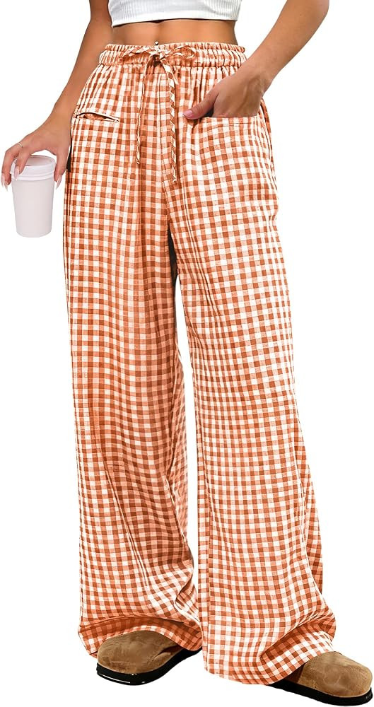 ANRABESS Womens Striped Gingham Pants 2026 Pajama Drawstring Wide Leg Lounge Plaid Pants Cute Cas... | Amazon (US)