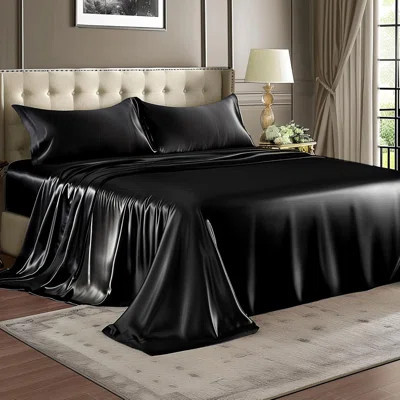 Satin Sheets Full Size Bed Set, Luxury Soft Black Silky Sheets For Hair And Skin, Similar To Silk Bed Sheets Set 4 Pieces With 1 Deep Pocket Fitted Sh | Wayfair North America