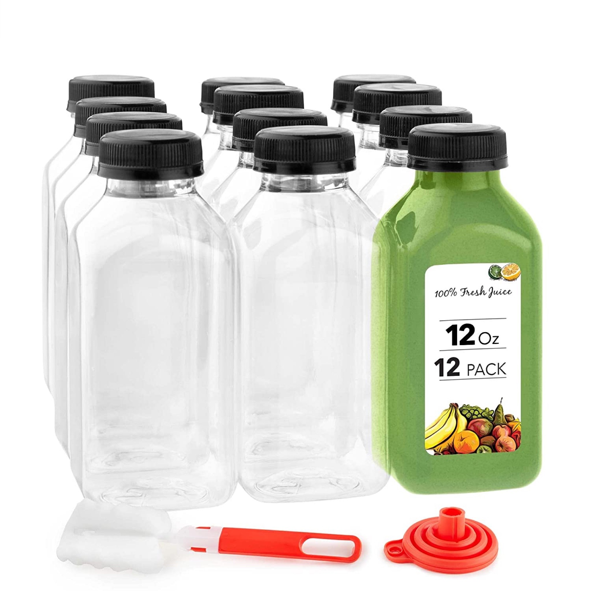 12 oz Juice Bottles with Caps for Juicing (12 pack) - Reusable Clear Empty Plastic Bottles - 12 oz Drink Containers for Mini Fridge, Juicer Shots - Mini Water Bottles - Includes Labels, Brush & Funnel