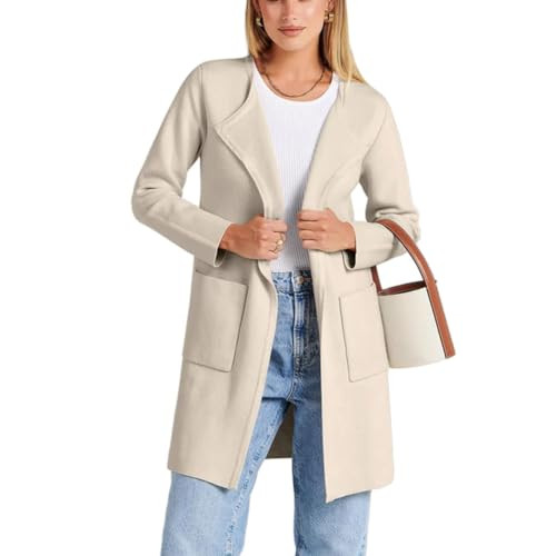 Lapel Classy Coatigan, Women's Cardigan Sweater Open Front Knit Cardigan Long Sleeve (US, Alpha, Medium, Regular, Regular, Beige) | Amazon (US)