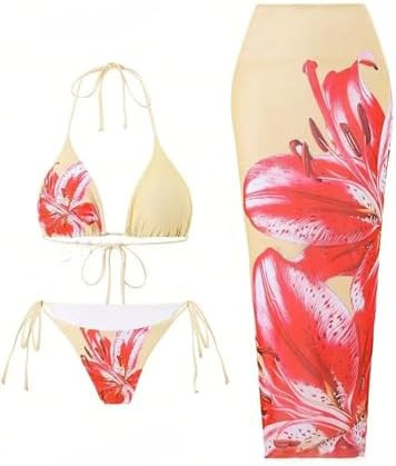 ZAFUL Womens 3pcs Swimsuit Floral Halter Triangle Bikini Top Tie Side Bottom with Long Sheer Cove... | Amazon (US)