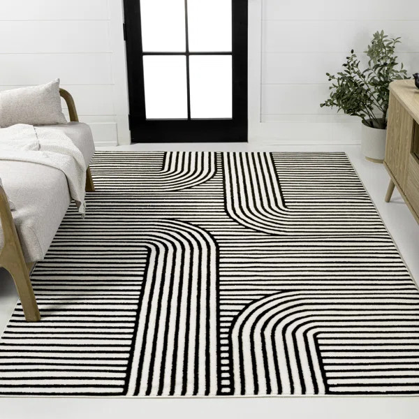 Anders MidCentury Modern Arch Stripe Two-Tone High-Low Black/White Rug | Wayfair North America