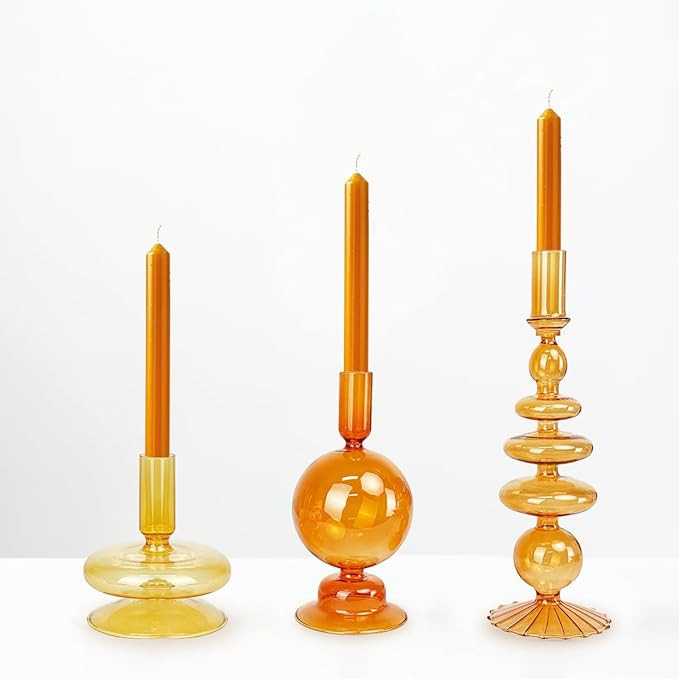 3 Pcs Amber Candle Holders,Unique Glass Candlestick Holder,Vintage Candle Holders for Home Decora... | Amazon (US)