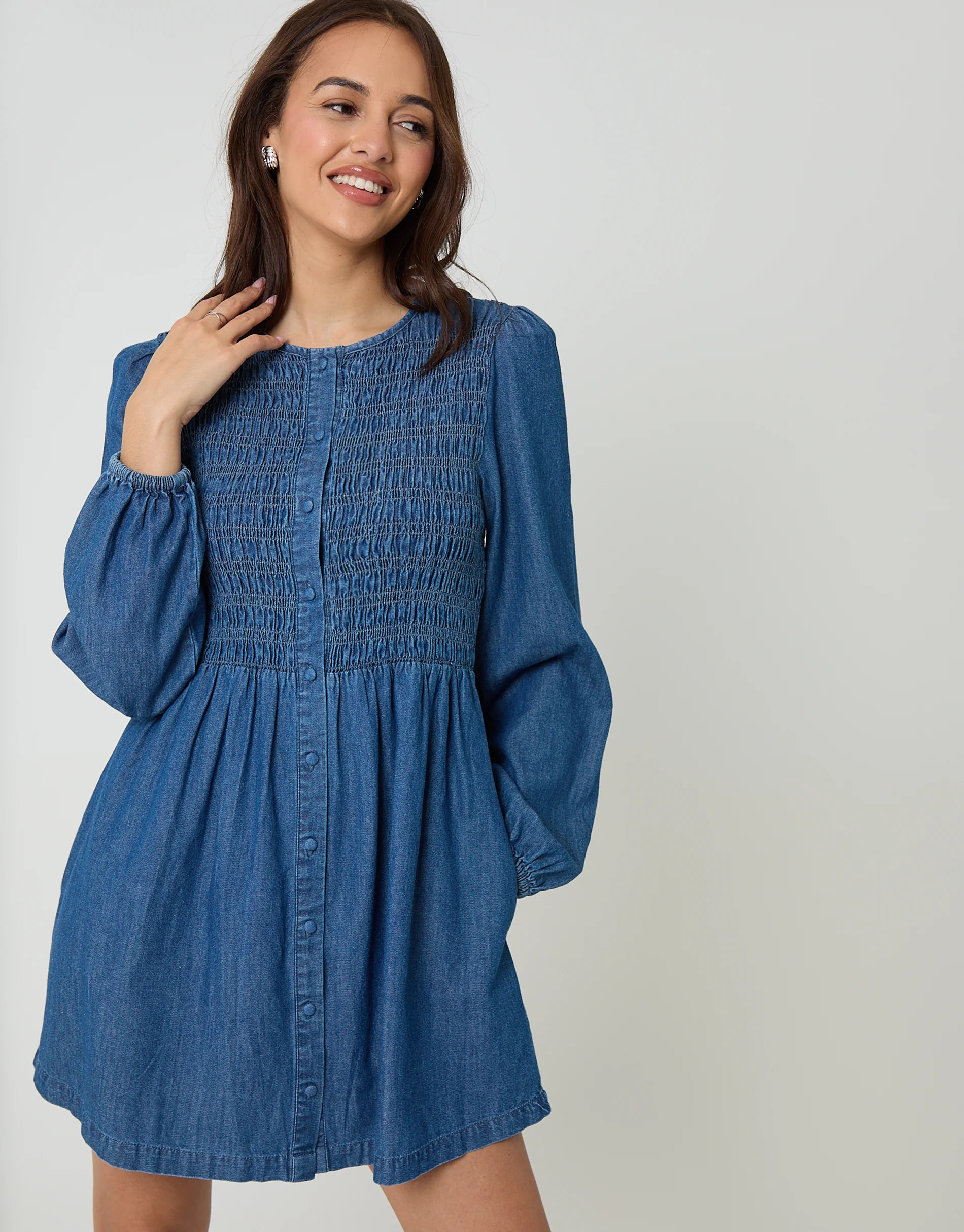 Mid Wash Shirred Denim Button Up Mini Dress | Threadbare