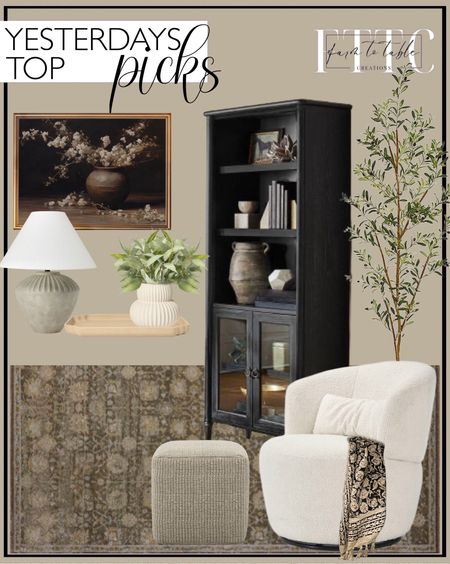 Yesterday’s Top Picks. Follow @farmtotablecreations on Instagram for more inspiration.

Magnolia Home by Joanna Gaines x Loloi Mona Bark / Natural Area Rug. Killybrooke Glass Accent Cabinet Black - Threshold designed with Studio McGee. Castlery Amber Bouclé Swivel Chair, Snow. Nearly Natural 82” Olive Artificial Silk Trees Green. Moody Floral in Vintage Vase | PRINTABLE ART. Ceramic Table Lamp Tan - Threshold designed with Studio McGee. Ceramic Sandy Glaze Vase. Sandy Glaze Tray. Artificial Eucalyptus Stems. Peasely Upholstered Pouf. Handblock Throw Blanket. 

Loloi Rugs | Magnolia Home | console table | console table styling | faux stems | entryway space | home decor finds | neutral decor | entryway decor | cozy home | affordable decor |  | home decor | home inspiration | spring stems | spring console | spring vignette | spring decor | spring decorations | console styling | entryway rug | cozy moody home | moody decor | neutral home


#LTKFindsUnder50 #LTKHome #LTKSaleAlert