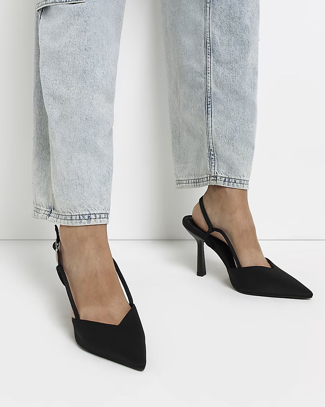 Black sling back heeled court shoes | River Island (US)