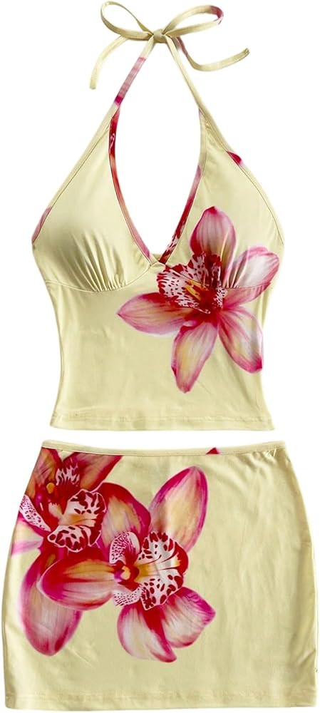 WDIRARA Women's 2 Piece Floral Halter Outfits Camisole Bodycon Mini Skirt Set Vacation Outfits | Amazon (US)