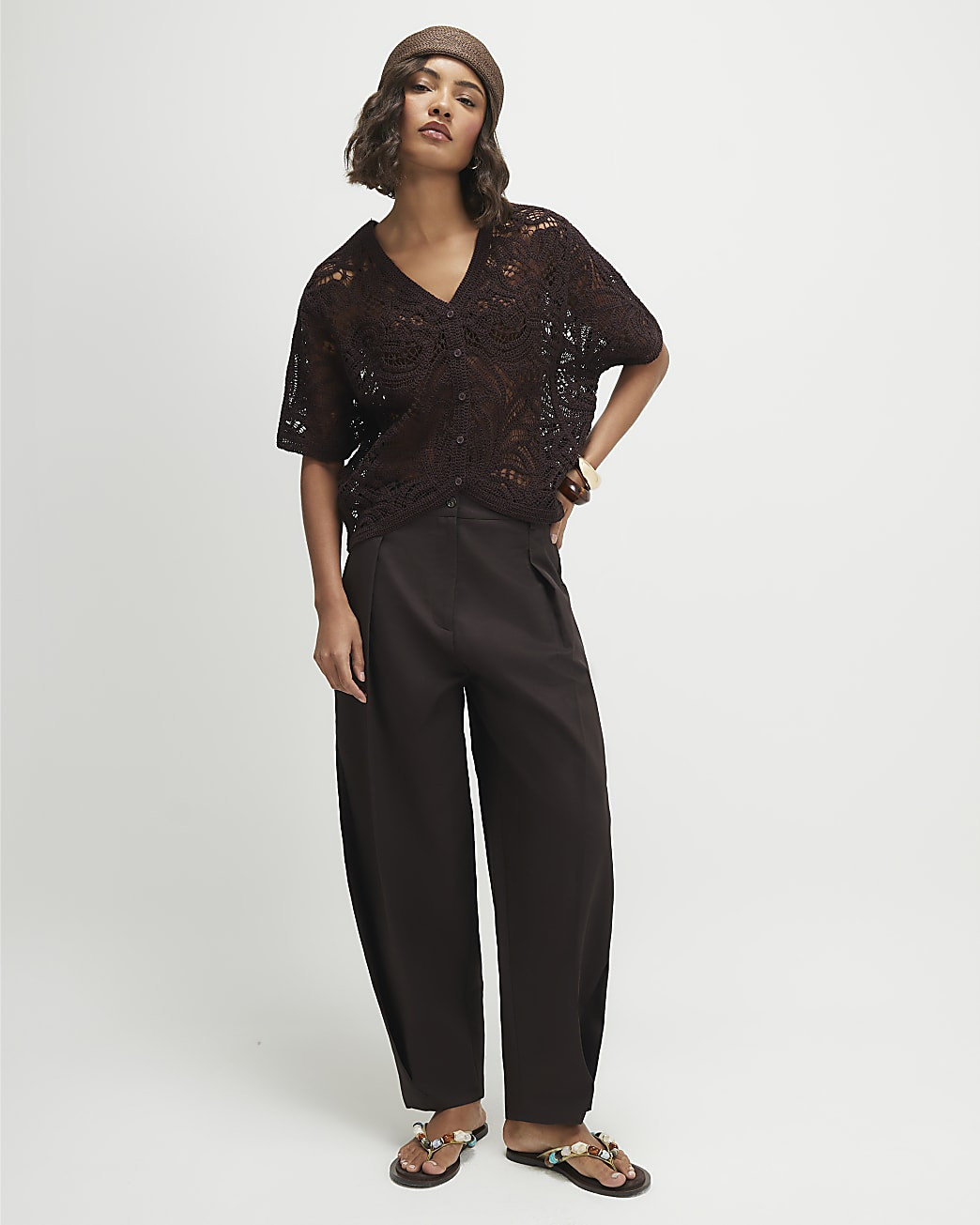 Brown Knitted Crochet Short Sleeve Cardigan | River Island UK & IE