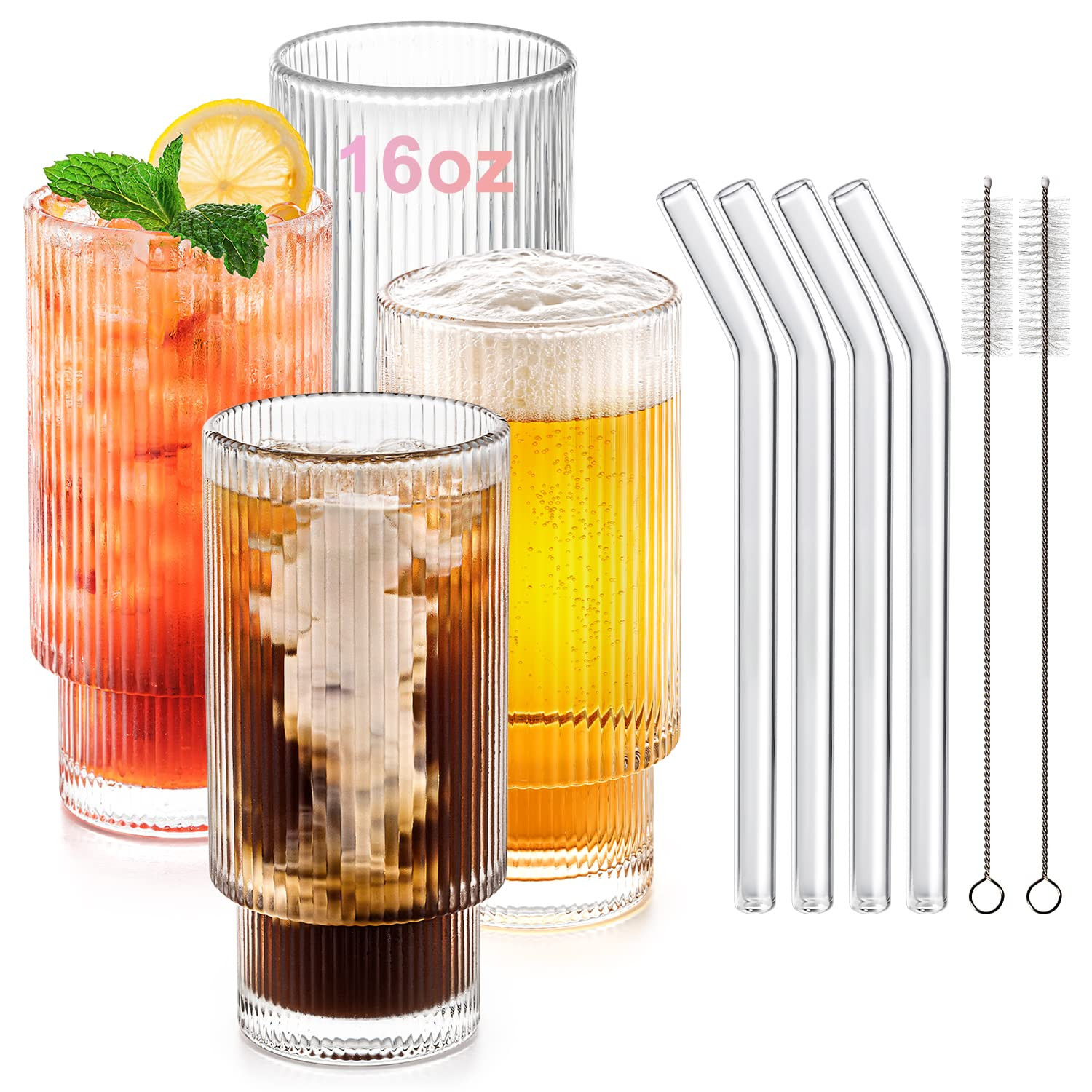 Combler Ribbed Glass Cups with Glass Straws, 16 oz Drinking Glasses, Vintage Iced Coffee Cup, Rib... | Amazon (US)
