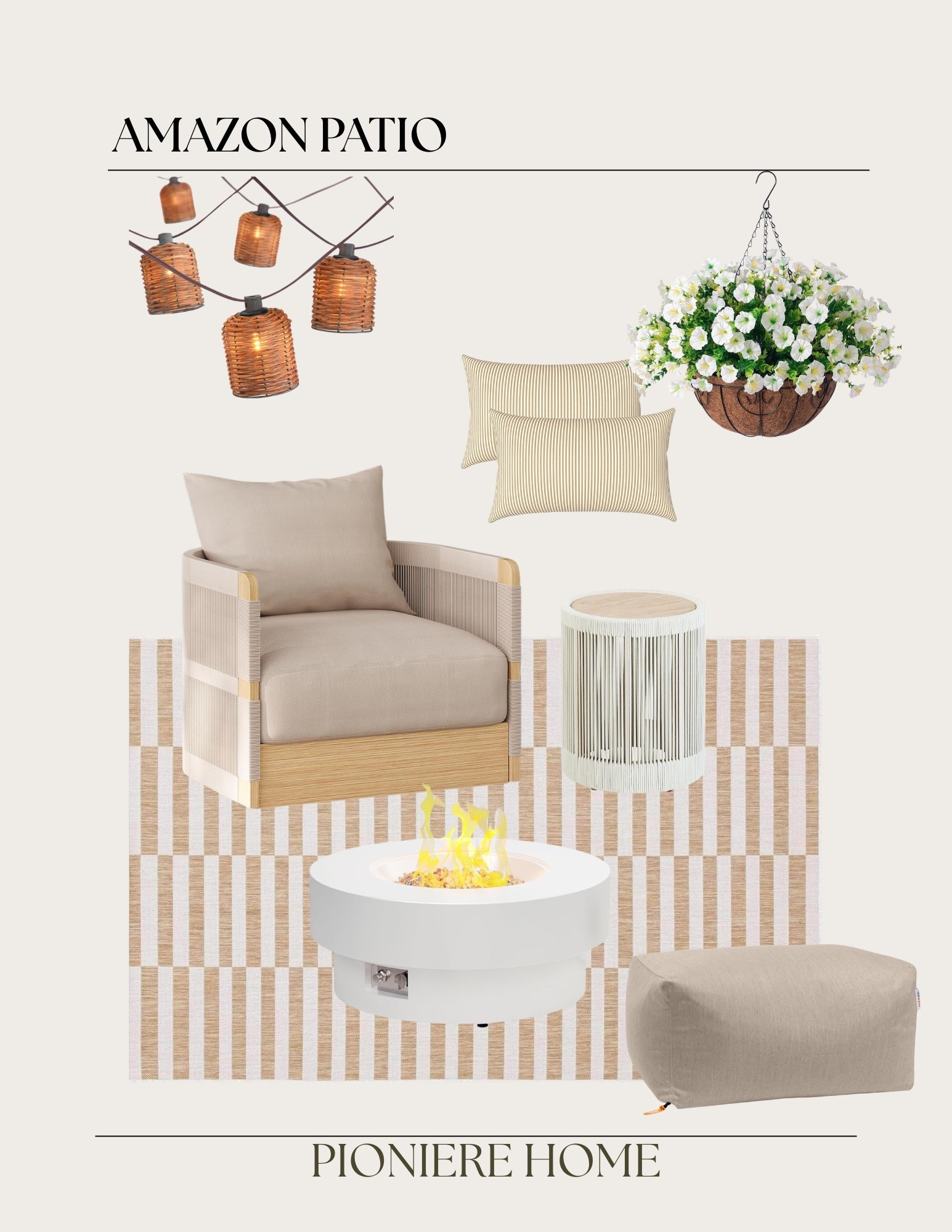Amazon neutral patio. Outdoor striped rug, firepit, affordable outdoor furniture and decor, outdoor ottoman, outdoor rope and upholstered swivel chair, wicker string lights

#LTKHome #LTKSaleAlert #LTKSeasonal
