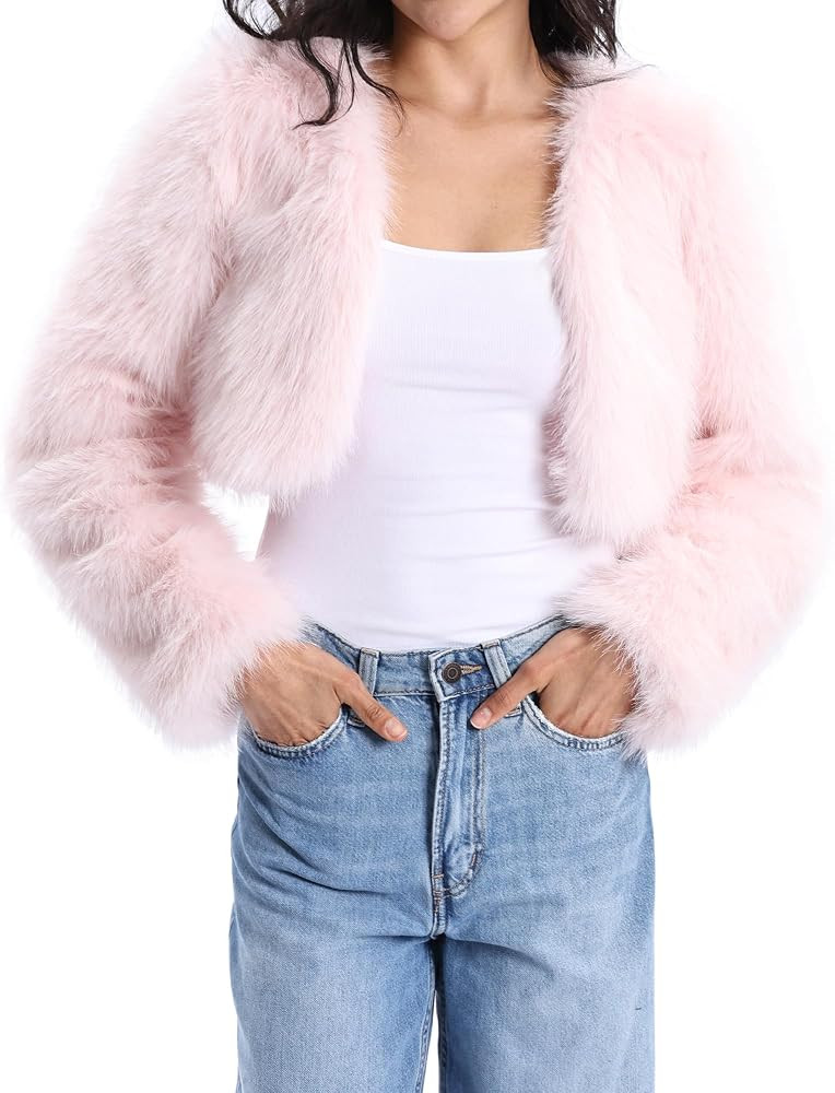 Xintianji Womens Faux Fur Cropped Jacket - Open Front Long Sleeve Winter Fuzzy Fleece Coat | Amazon (US)