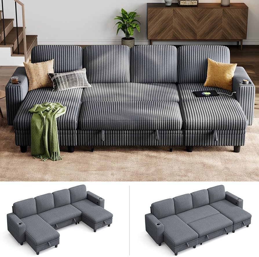 LINSY HOME Sectional Sleeper Sofa with Pull Out Couch Bed - Convertible Plush Corduroy Cloud Couc... | Amazon (US)