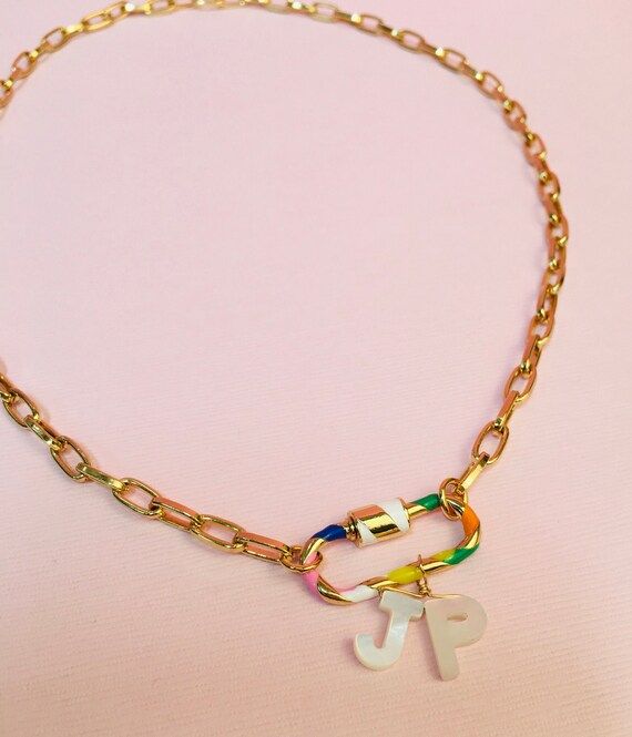 Initial & Rainbow lock necklace on paperclip chain gold | Etsy | Etsy (US)