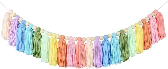 DrCor Pastel Rainbow Tassel Garland Wood Bead Colorful Garland Wedding Girls Bedroom Wall Classro... | Amazon (US)