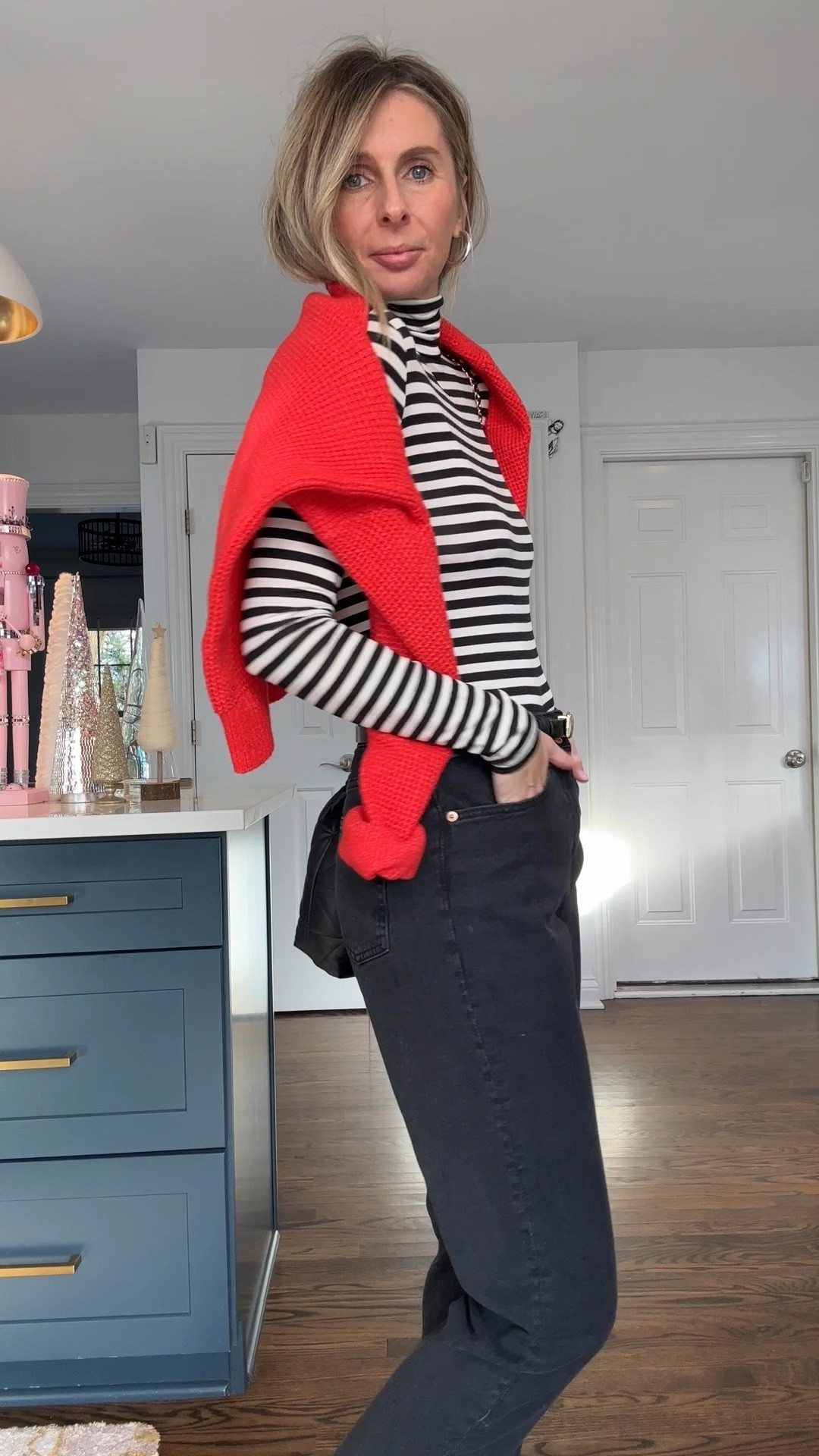 a fitted striped turtleneck goes a long way! this one is so soft and only $20. it makes a BIG impact and is so easy to wear. 🖤🤍 i’m very happy these jeans are now available online ! and this red is the most perfect red i think i’ve ever seen! 😉 

#LTKOver40 #LTKWatchNow #LTKFindsUnder50