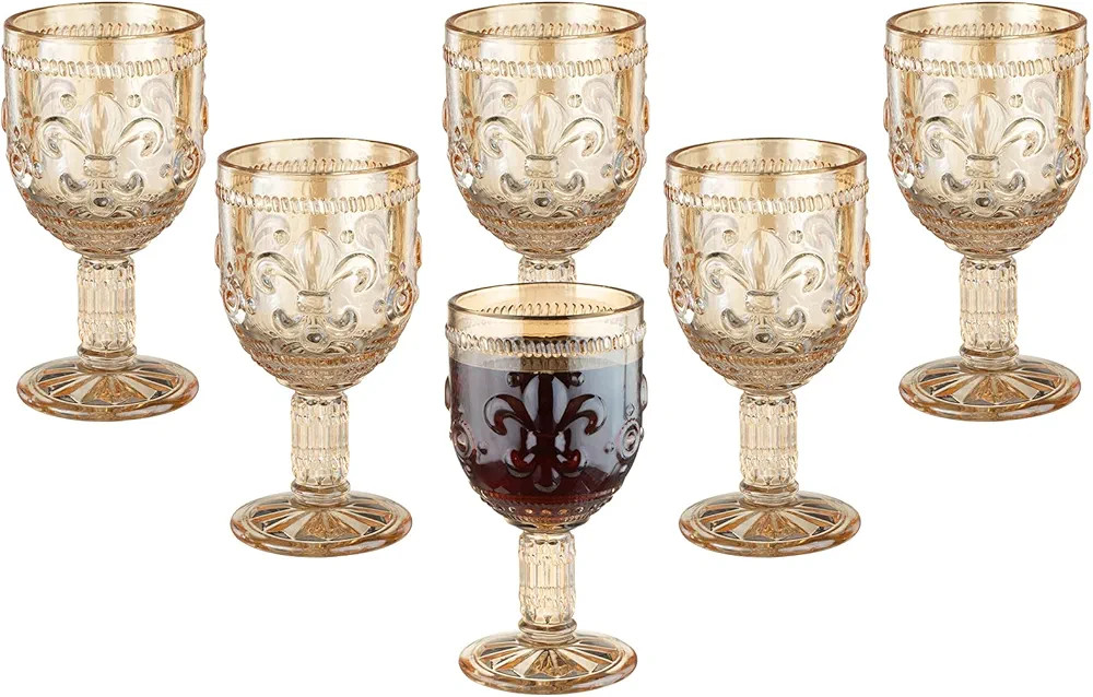 Vintage Wine Glasses Set of 6, 10 OZ Colored Glass Water Goblets, Unique Embossed Pattern High Cl... | Amazon (US)