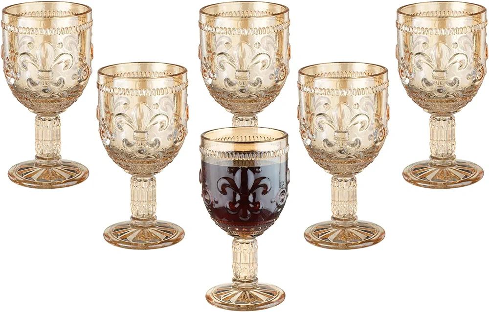 Vintage Wine Glasses Set of 6, 10 OZ Colored Glass Water Goblets, Unique Embossed Pattern High Cl... | Amazon (US)