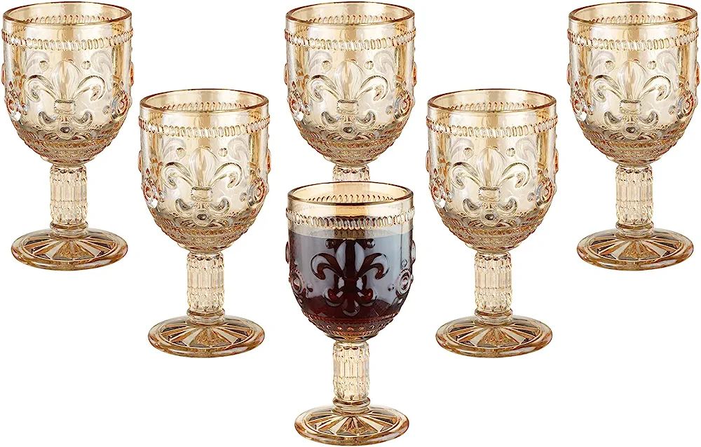 Vintage Wine Glasses Set of 6, 10 OZ Colored Glass Water Goblets, Unique Embossed Pattern High Cl... | Amazon (US)