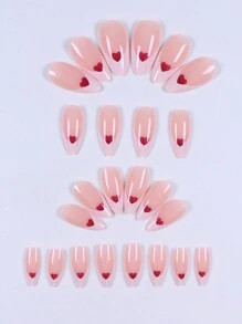 Valentines Nails Valentine'S Day Y2k Style 24pcs Press On Nails Long Almond French & Red Heart Pa... | SHEIN