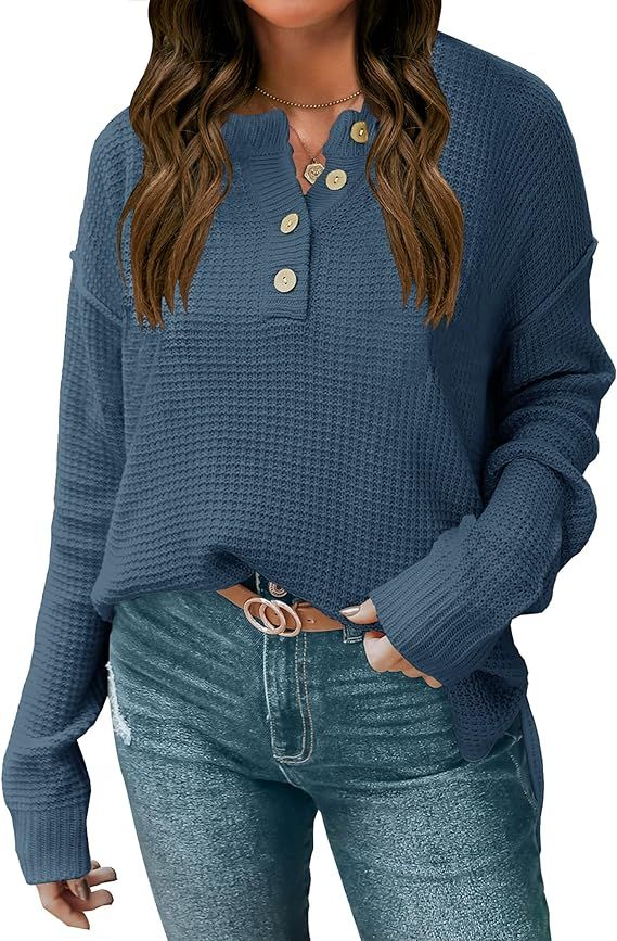 ZESICA Women's Casual V Neck Sweater Loose Long Sleeve Waffle Knit Button Henley Pullover Jumper ... | Amazon (US)