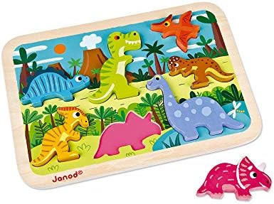 Janos Chunky Puzzle - Colorful 7 Piece Wooden Dinosaur Themed Jigsaw Puzzle - Encourages Shape Re... | Amazon (US)