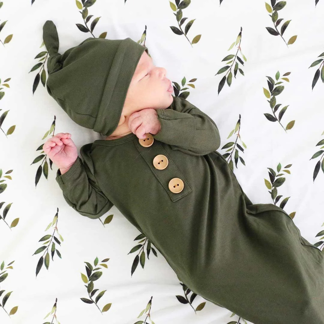 Solid Olive Bamboo Baby Knot Gown & Hat | Caden Lane