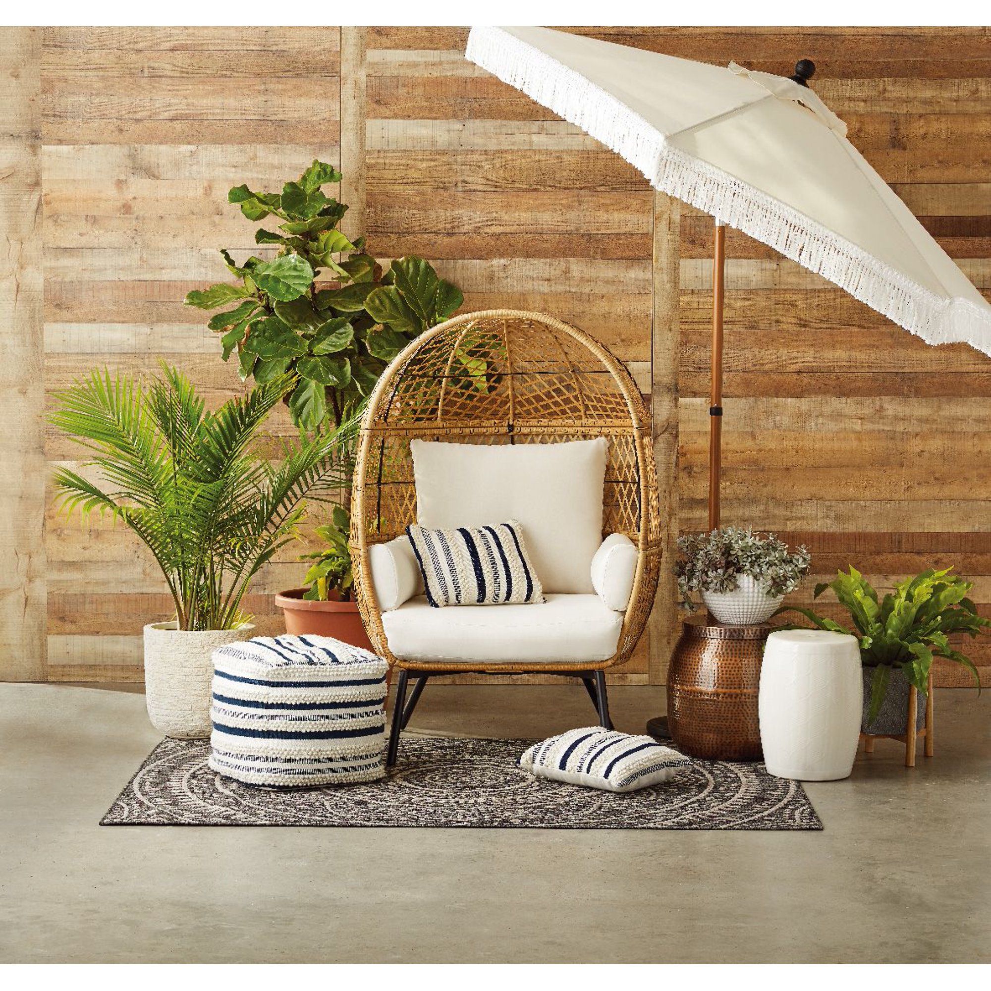 Better Homes and Gardens Ventura Boho Stationary Wicker Egg Chair with Cream Cushions | Walmart (US)