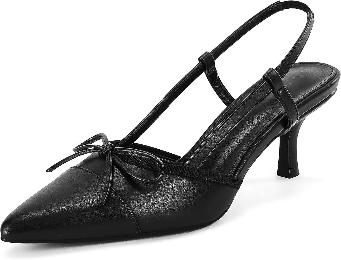 Coutgo Womens Bow Tie Slingback Pumps Pointed Toe Kitten Low Heel Patchwork Dress Heeled Sandals | Amazon (US)