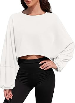 Tankaneo Womens Long Ballon Sleeve Sweatshirts Tops Cropped Crew Neck Loose Fit Casual Workout Sh... | Amazon (US)
