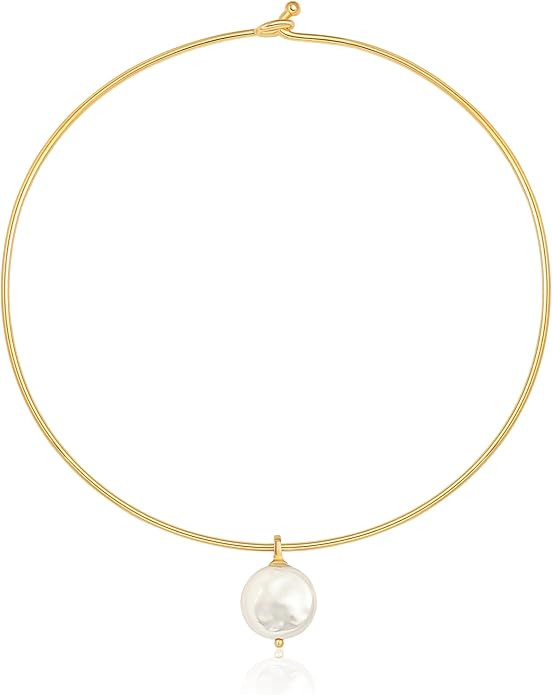 Aobei Pearl 18K Gold Plated Cuff Choker Necklace for Women Chunky Wire Chain Collar Jewelry | Amazon (US)