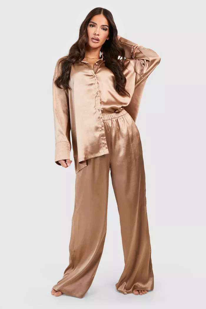 Oversized Satin Pajama Shirt & Pants Set | boohoo (US & Canada)