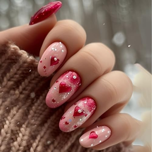 Valentines Press on Nails Medium Almond Fake Nails Pink Heart False Nails Glitter Nails Press Ons with Pearl Design Glossy Full Cover Glue on Nail Red Pink Stick on Nail for Women Set 24Pcs | Amazon (US)