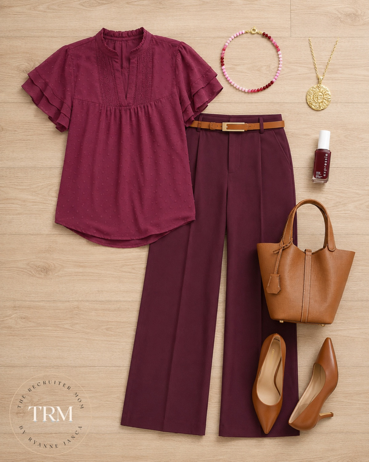 This burgundy ruffle blouse with matching wide legs is giving boardroom energy in the best way. Add a cognac belt and bag and suddenly you're the most stylish person in the building. #officestyle #amazonfinds

#LTKSeasonal #LTKOver40 #LTKWorkwear