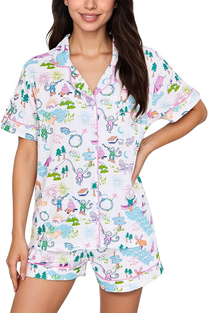 Women's Pajamas Set Button Down Ladies Summer Pajamas Monkey Printed Sleepwear Short Sleeve 2 Pc ... | Amazon (US)
