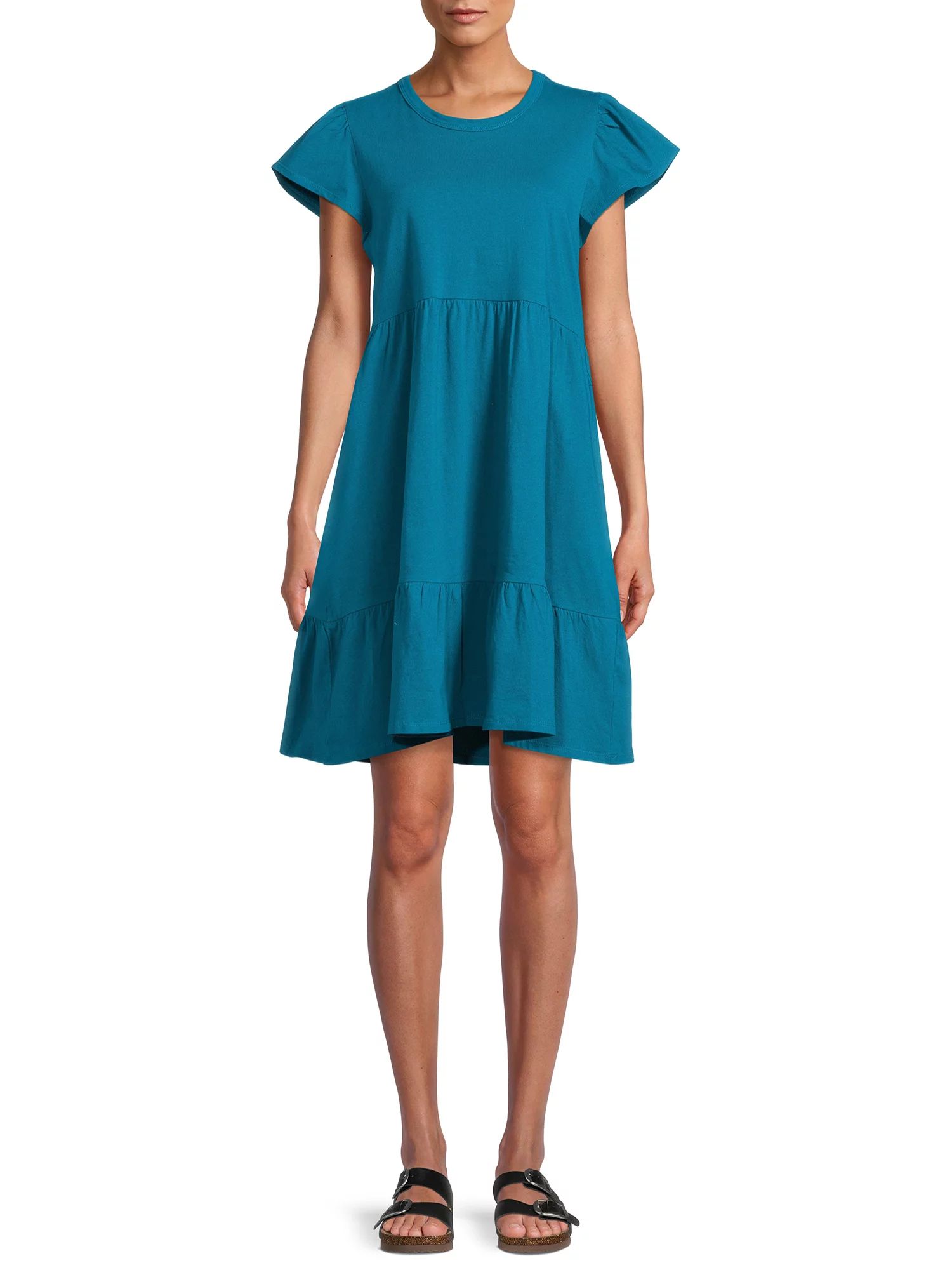 Time and Tru Women's Short Sleeve Tiered Knit Dress with Pockets - Walmart.com | Walmart (US)