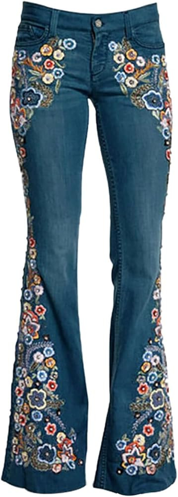 Bell Bottom Jeans for Women Flared Floral Embroidered Jean Wide Leg Denim Pants Mid Rise Vintage ... | Amazon (US)
