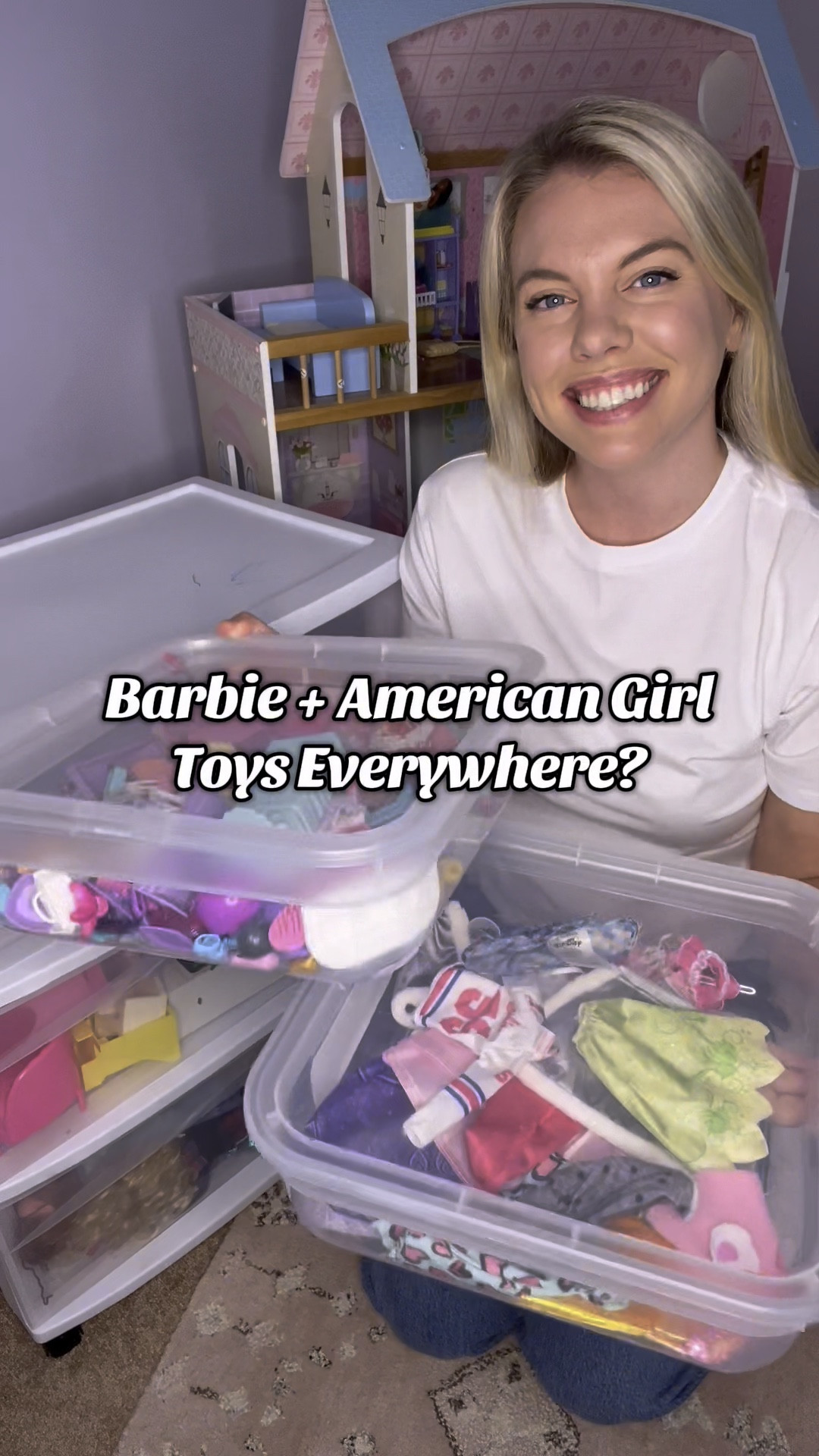 TOY STORAGE SOLUTIONS FOR BARBIE + AMERICAN GIRL PLAYSETS #toystorage #playroomorganization #homeorganization #homesystem #organizedhome #toyorganization 