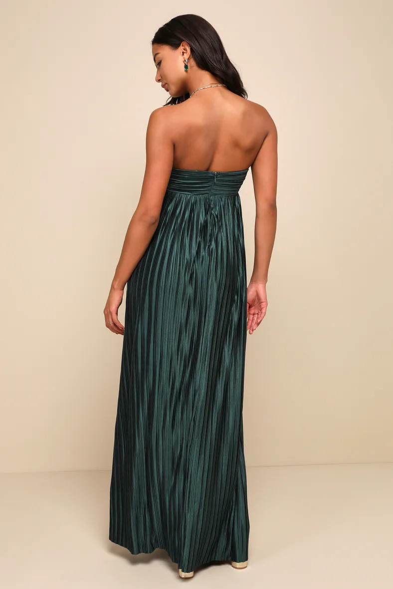 Whimsical Beauty Emerald Green Satin Plisse Strapless Maxi Dress | Lulus